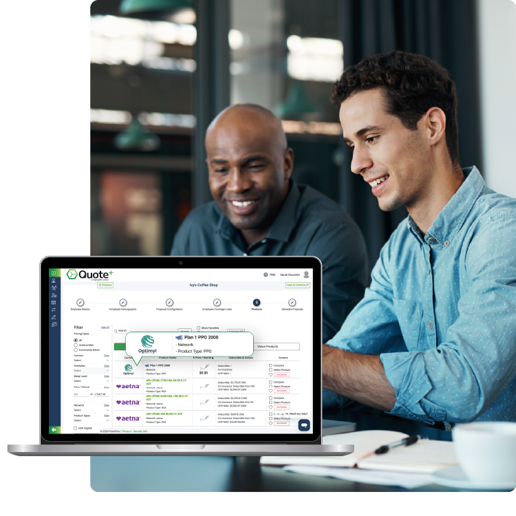 Two men looking at laptop, with laptop showing Quote+ products screen