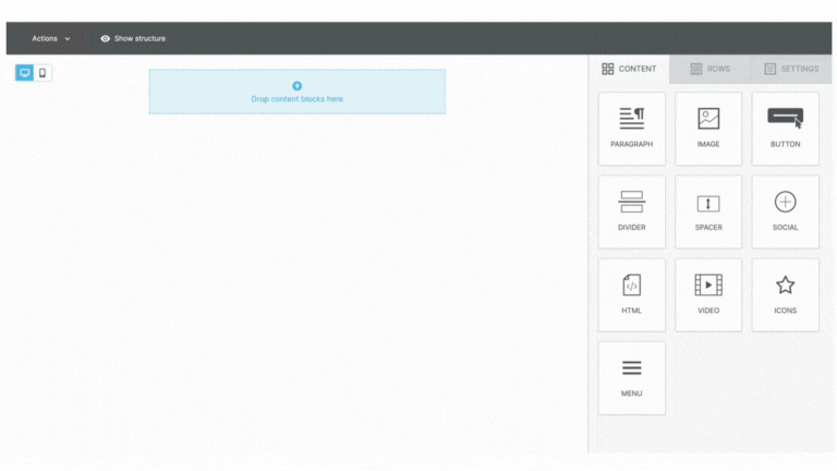 Animated GIF showing how to drag an Image block to the email in the AMS+ email editor